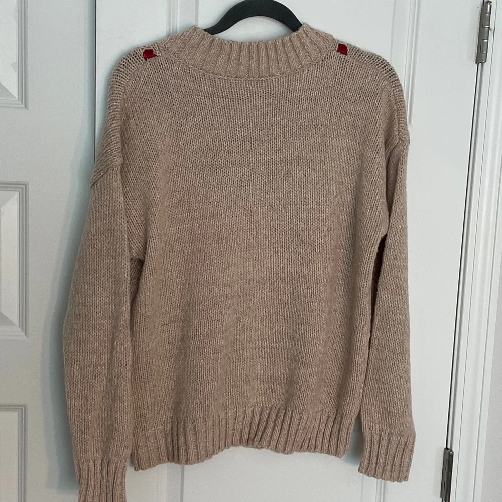 Beige Sweater with Red Satin Ribbon Accents - Picture 2 of 4
